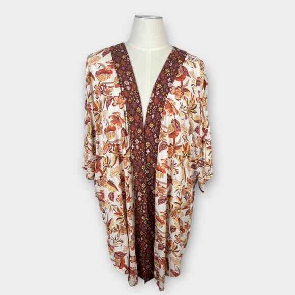 CATO White Orange Floral 70s Retro Boho Kimono Topper cover up 18/20 Soft Flowy - Picture 1 of 8